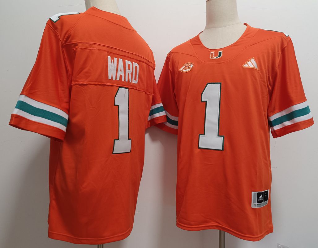 Men Miami Hurricanes #1 Ward Orange 2025 NCAA Jersey->ncaa teams->NCAA Jersey